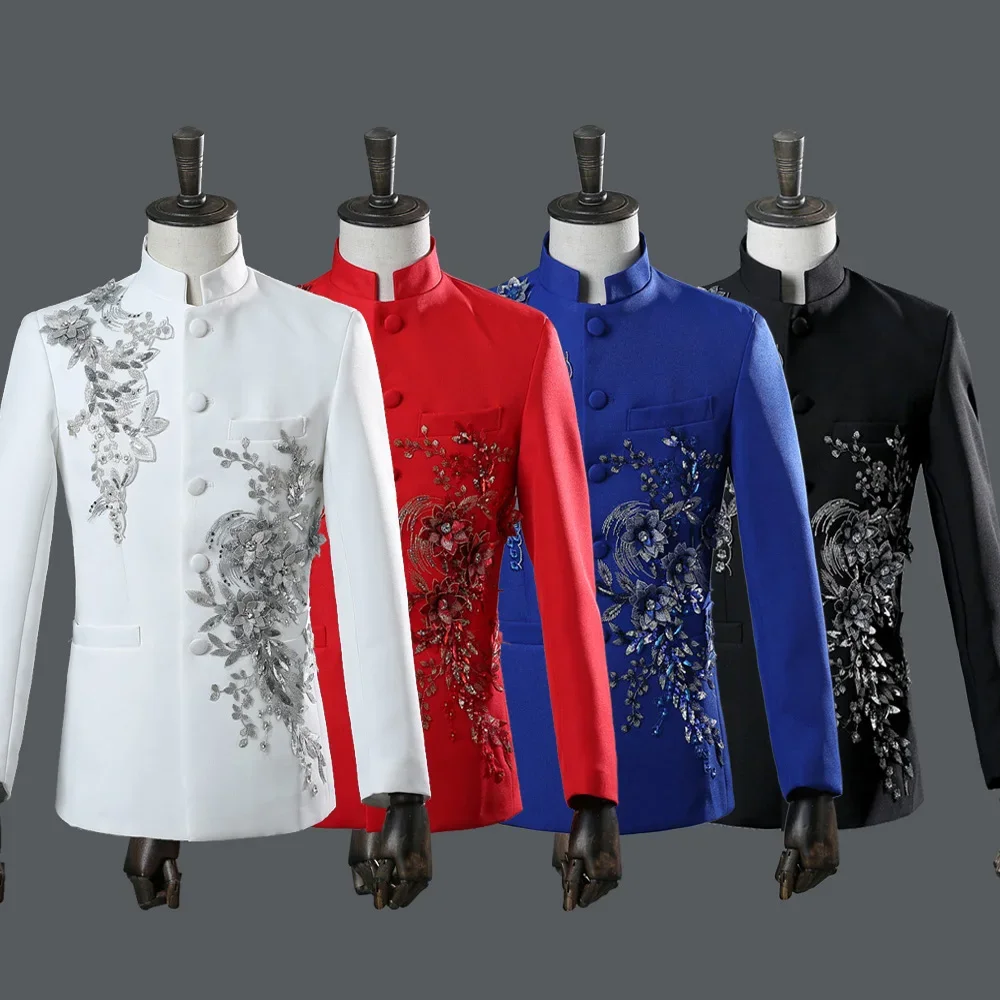 Chinese Tunic Men Mandarin Collar White Black Appliqued Blazer for Wedding Banquet Ceremony