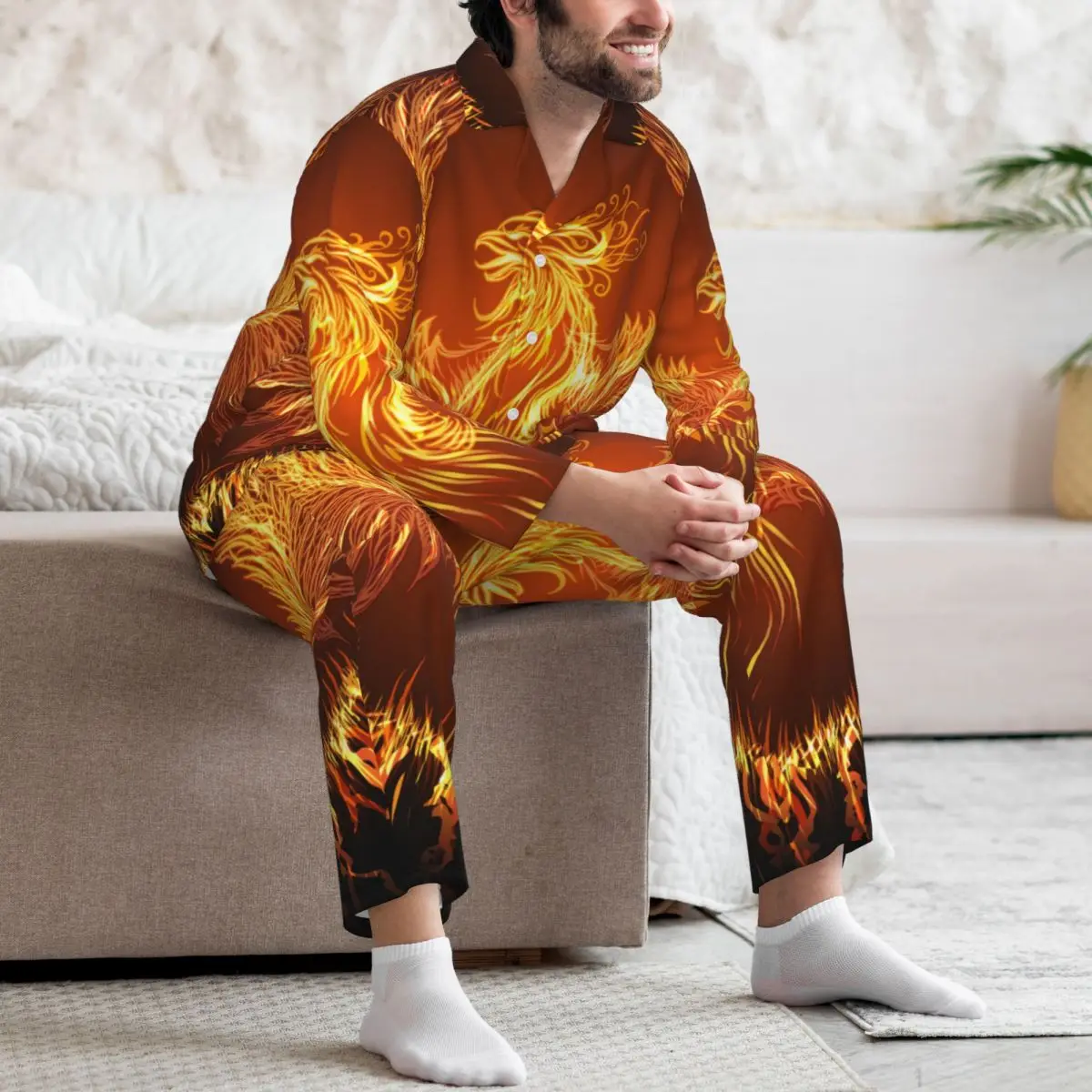 Pyjama Phoenix à manches longues pour hommes, olympiques de maison circulaires, automne et hiver