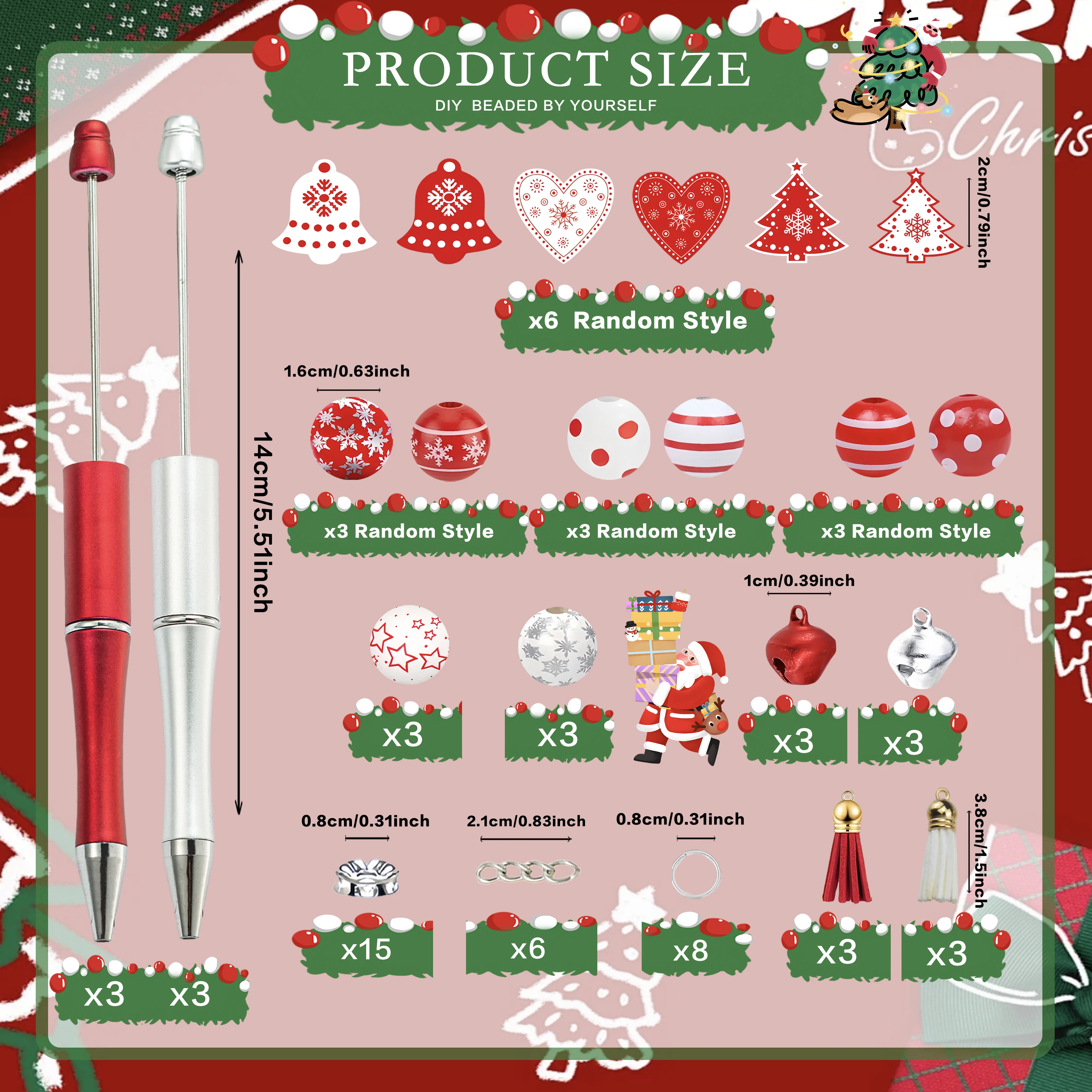 6PCS Christmas Bell Pine Tree Theme DIY Beaded Ballpoint Pen Set, Creative DIY Handicraft Enthusiast Gift Office&Study Supplies