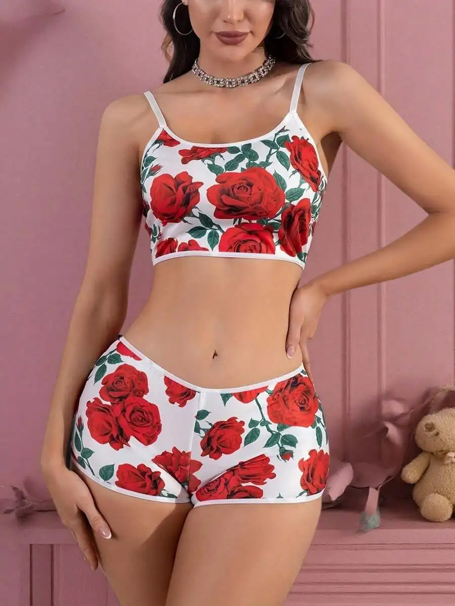 

2pcs Women Fashion Casual Red Rose Print Pajama Set Sleepwear