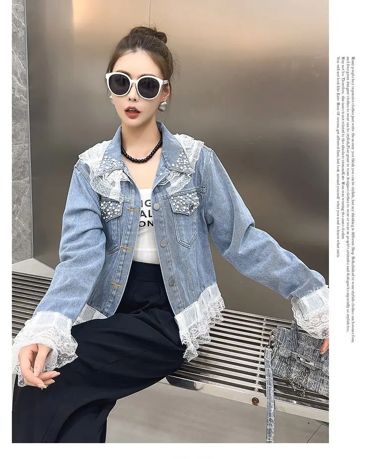 

Nail Bead Denim Jacket Women Spring Autumn Coat 2026 New Fashion Lace Edge Jacket Top Vintage Cowboy Coat Female Outerwear