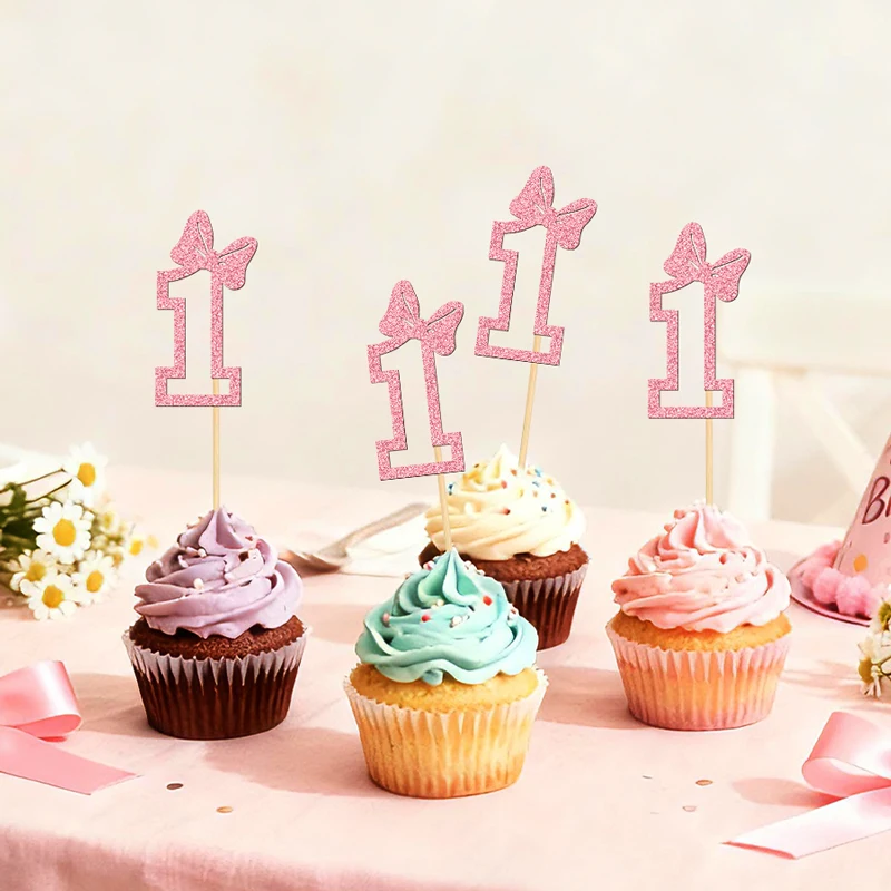 YOMDID 24 Stück Cupcake-Topper zum 1. Geburtstag, glitzernde 1. Geburtstags-Kuchenaufsätze mit Schleifendekoration für Valentinstag-Dekoration – Detail 8