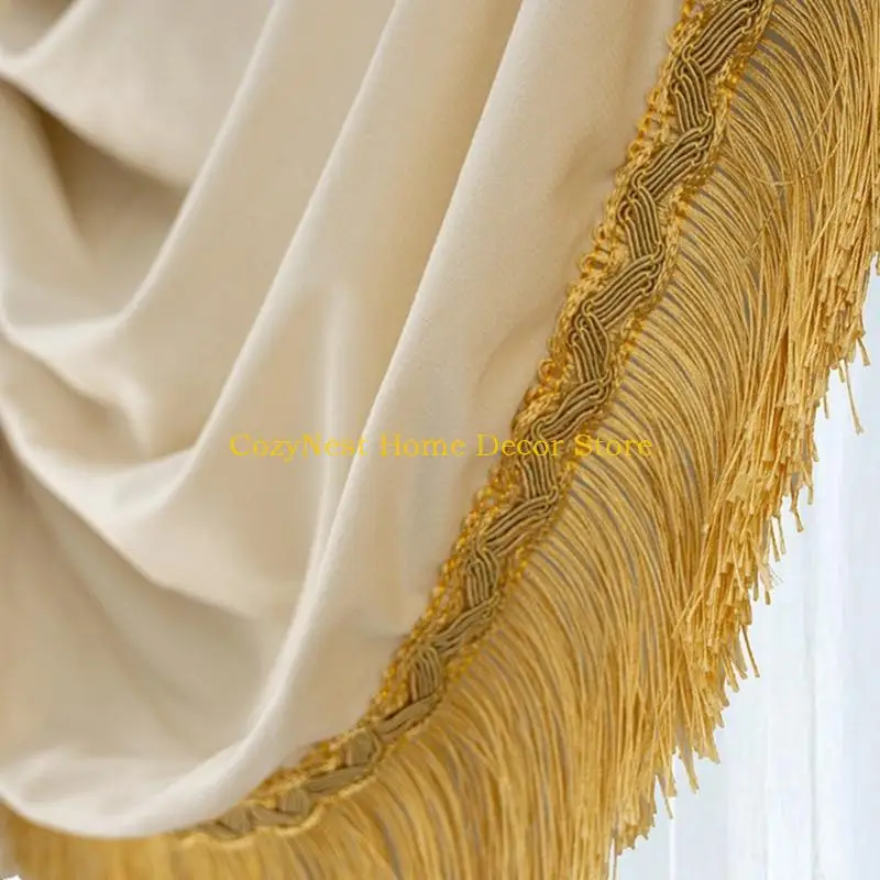92MF Water Rippled Curtain Valance With European Tasseled Trim Heat Blackouts Fabric For Bedroom Living Room Drapes