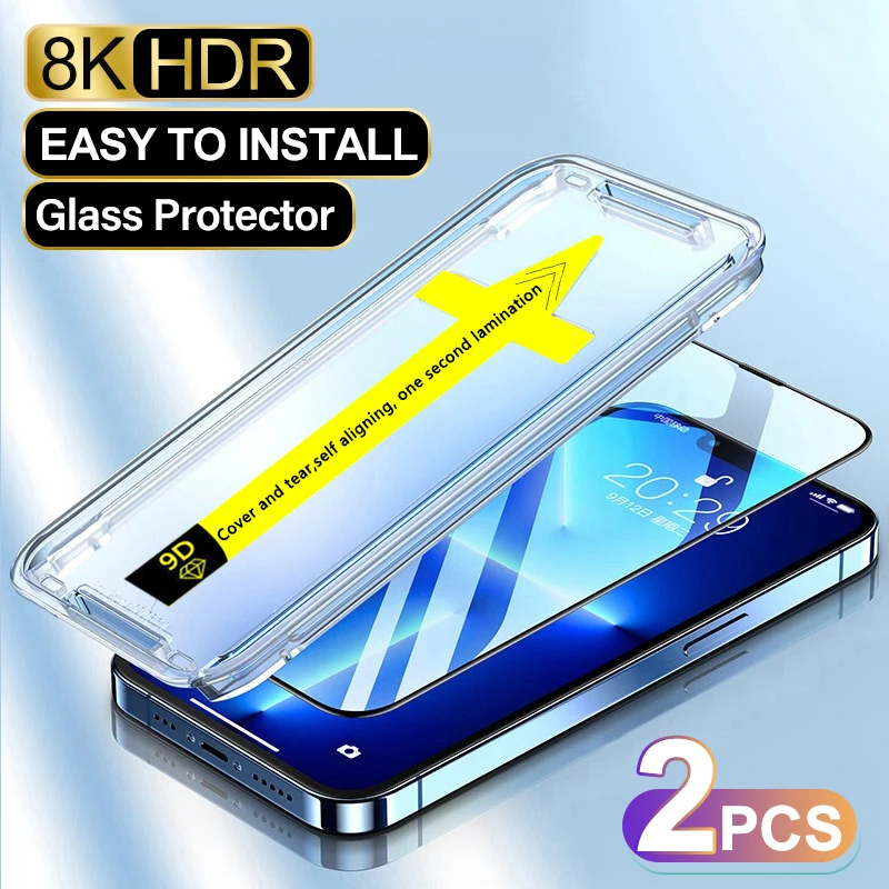 2pcs Tempered Glass For iPhone 14 13 12 11 15 Pro XR XS Max Full Cover Screen Protector Glass With Positioning installation Box