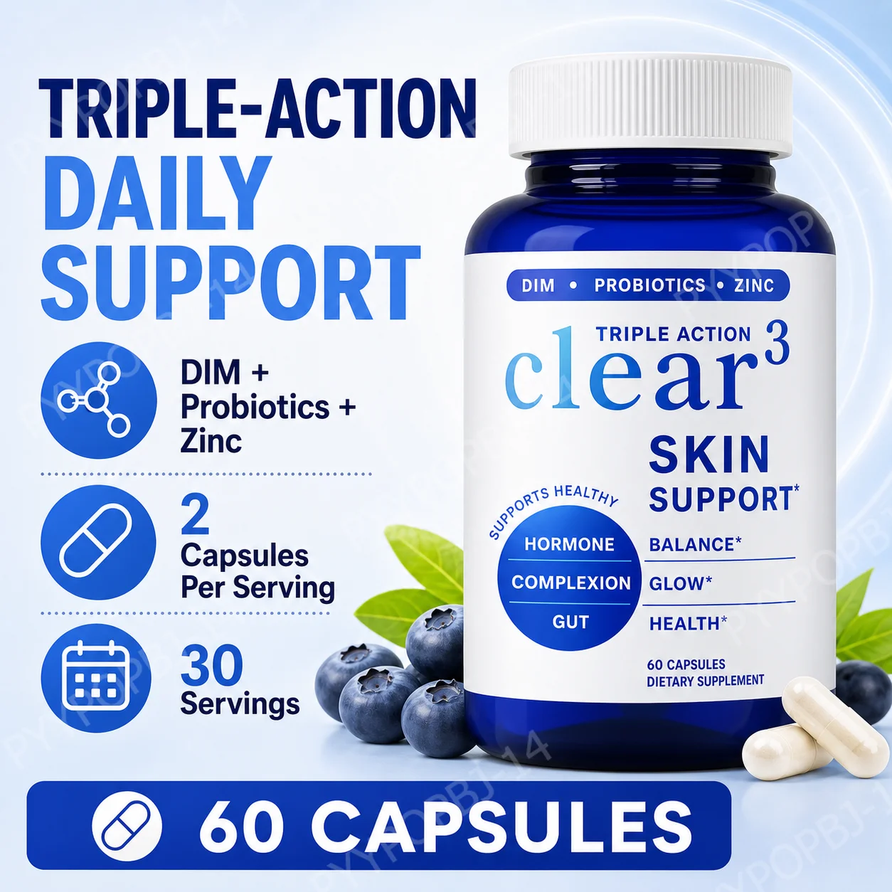 Clear³ Skin Support Supplement with DIM Probiotics Zinc Healthy Skin Gut Nutritional Support 60 Capsules
