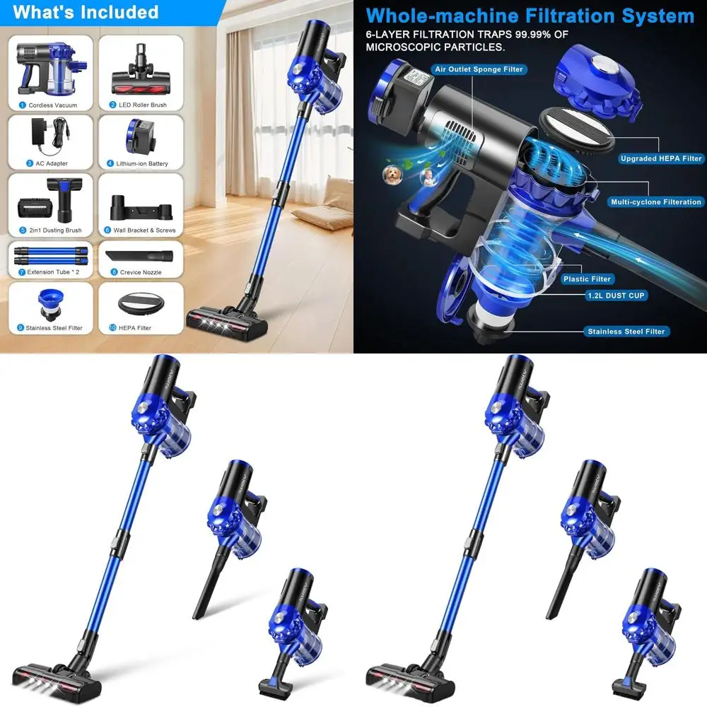 Powerful 28KPa Suction, Brushless Motor, HEPA Filter, 3-Mode, Detachable Battery, 2-in-1 Stick/Handheld Vacuum for Home and Pet