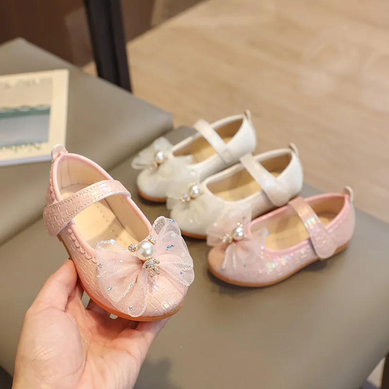 Girl Leather Shoes Children Soft Soled Bowknot Flat Heels Shoes Spring Autumn Hook & Loop Kid Fashion Casual Princess Mary Janes