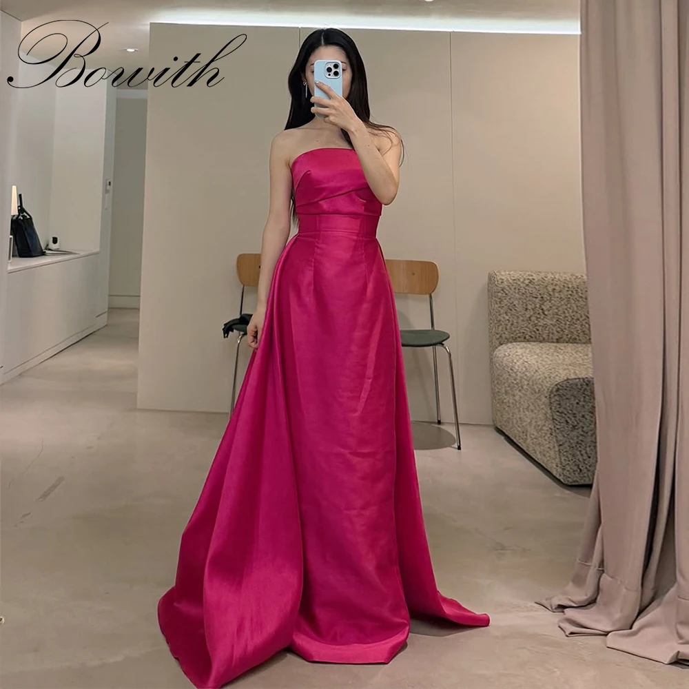 

Bowith Strapless Korea Evening Dress Customized Fuchsia Satin Wedding Dress Prom Dress A-Line Corset Back Bridal Gown
