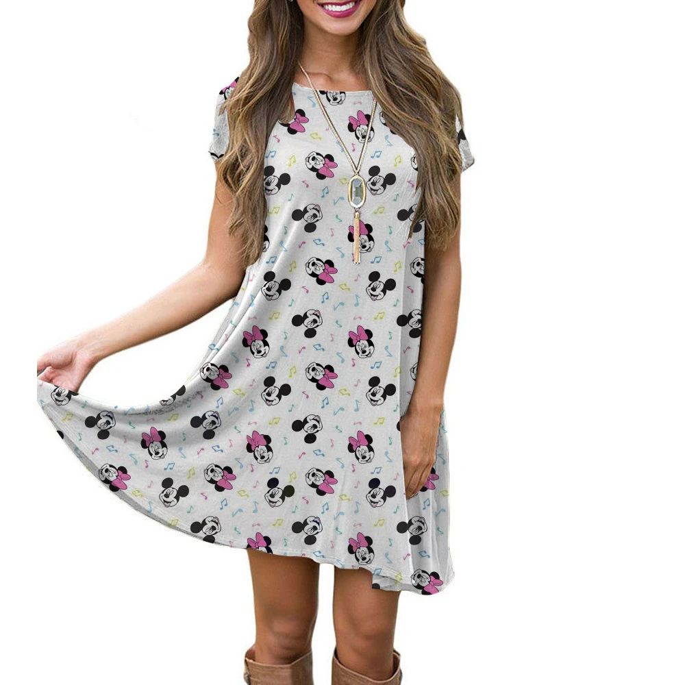 New Womens Dresses Casual Summer Midi Boho Maxi Dresses Vintage Disney Mickey Mouse print Dresses Bodycon Short Dresses ﻿