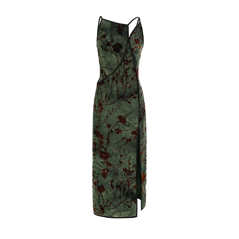 CHEERART Massaal Bloemen Groen Vintage Lange Jurken Vrouw Cheongsam Zomer Backless Een Lijn Side Split Midi Slipdress Designer - afbeelding 2