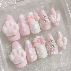 Pink Girl Kawaii Cat's Paw Press on Nails Art Lolita Cosplay Party Fully Covered Nail Patch Bow Pearl Diamond Crown Wings Nails