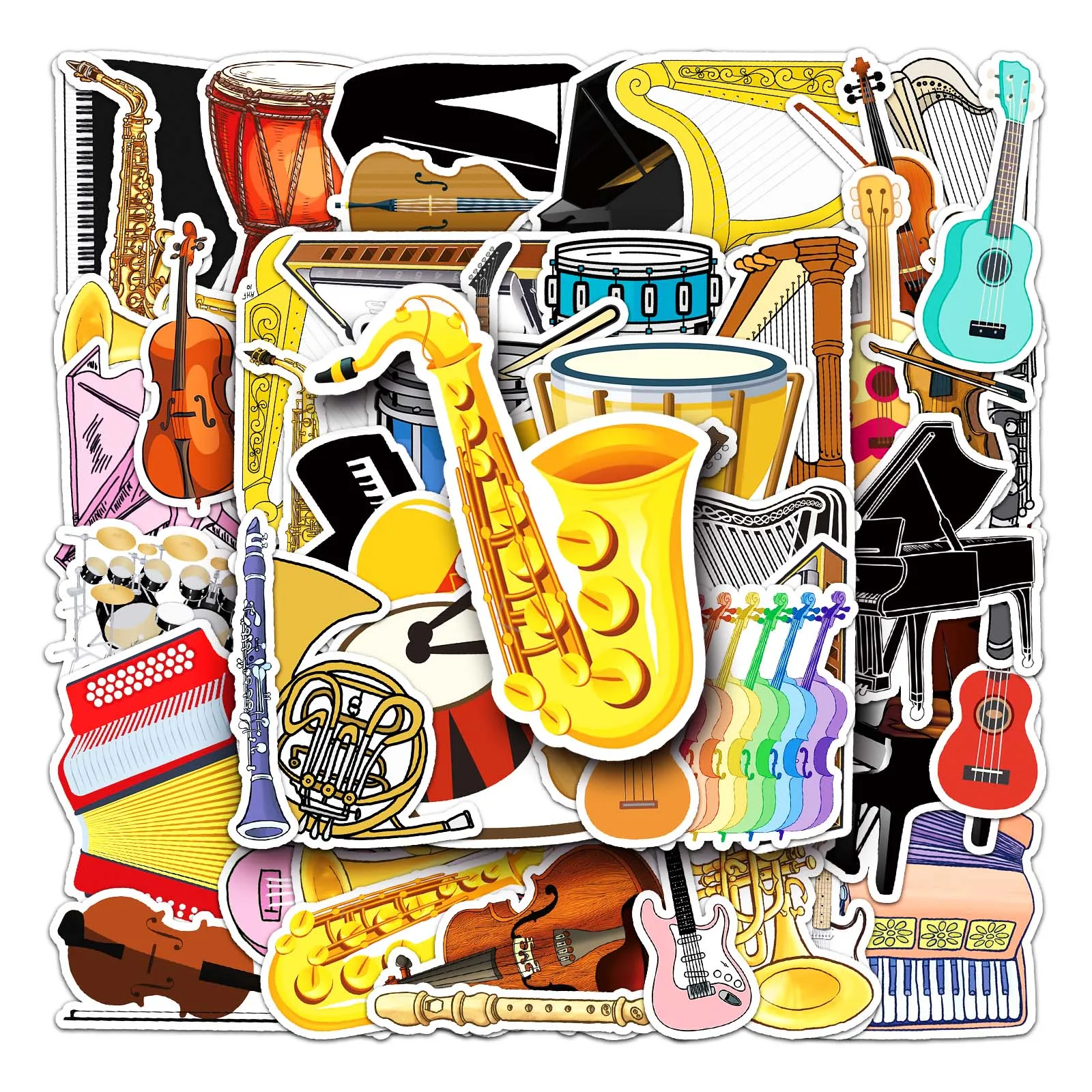 50Pcs Musical instrument series Cartoon Cute Waterproof Sticker Skateboarding Snowboard Retro Vinyl Sticker