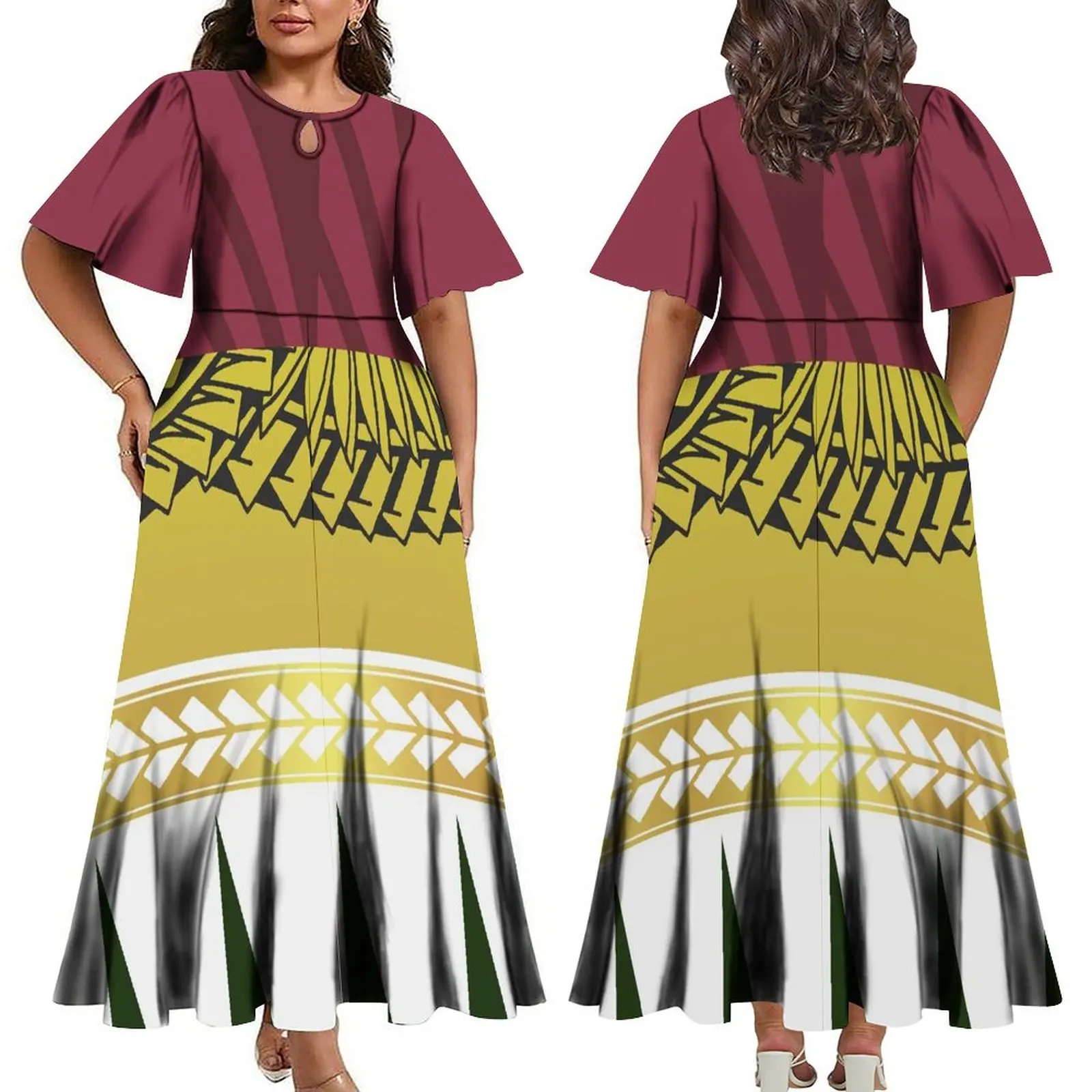 2024 Pacific Island Art atmungsaktiv o Kragen langes Kleid großes 6xl aus geschnittenes Trompetenärmel-Party kleid