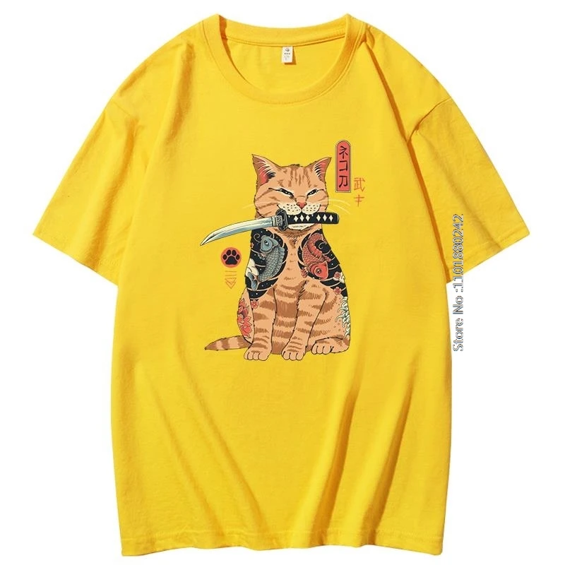 Classic t shirt for men with print A Samurai Cat funny graphic t shirts Summer Cotton short sleeve t-shirts Men's clothing