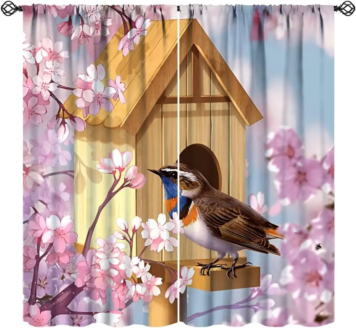 

Шторы с птицами и цветами, декоративные занавески с птичьими домиками и цветами вишни, природная тематика, для спальни девочки и гостиной