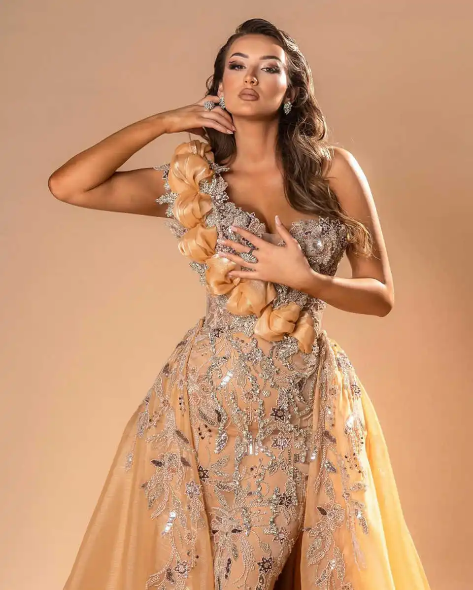 

Luxury Prom Gowns One Shoulder Detachable Train Mermaid Evening Dresses Beadeds Crystal Formal Occasion Dresses Customized