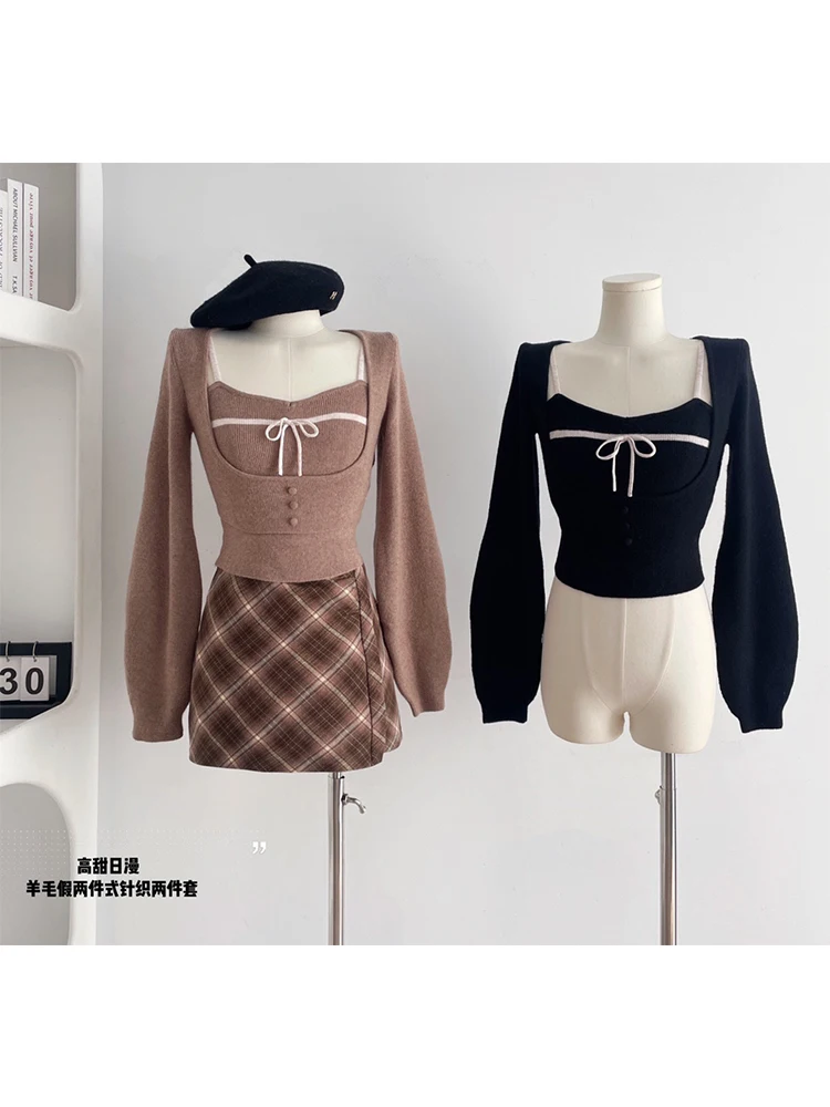 Fall Winter Women Shoujo Gir Fake Two Pieces Jumper Long Sleeve Crop Sweater Cuddly Knitwear 2000s Korean Gyaru Old Money Mori