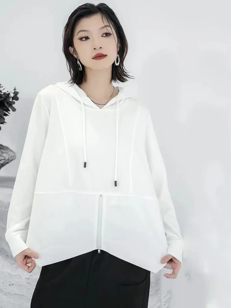 [EWQ] Japan Style Chic Long Sleeve Hooded Sports Casual Clothing White Sweatshirt Top Splicing Design Coats 2024 Autumn 16O1450