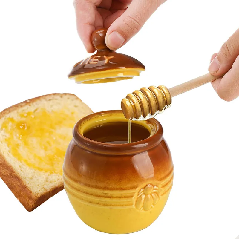 Cute Ceramic Honey Jar With Lid and Dipper for Storage Honey Syrup Container 16 oz Honey Pot Kitchen Accessories Honey Dispenser