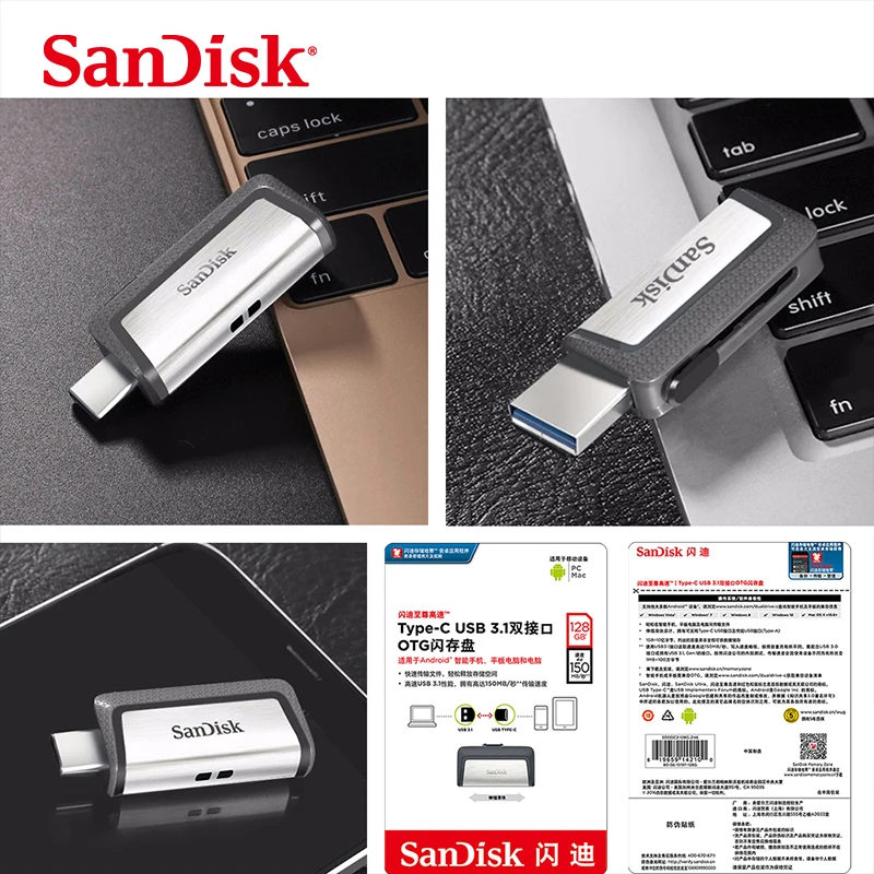 Sandisk Flash Drive USB 3.1 Dual OTG Disk SDDDC2 Type-C Pendrive 64GB 128GB 256GB Flsh Disk for Phone Pad MACbook Pen Drives