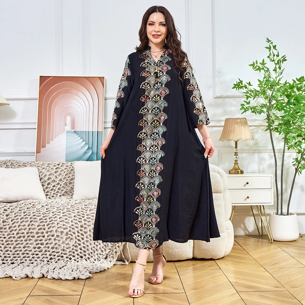 

2025 Dubai Luxury Sequins Long Sleeve Abaya For Women Muslim Embroidery Loose Robes Fashion Party Evening Dress Islamic Clothing