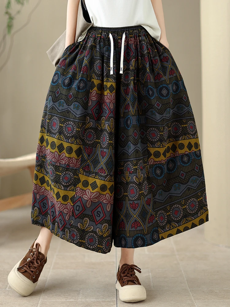 

Casual Cotton Linen Women's Pants 2026 New Style Vintage Print Wide Leg Skirt Pants Versatile Comfortable Fit Summer Fashion