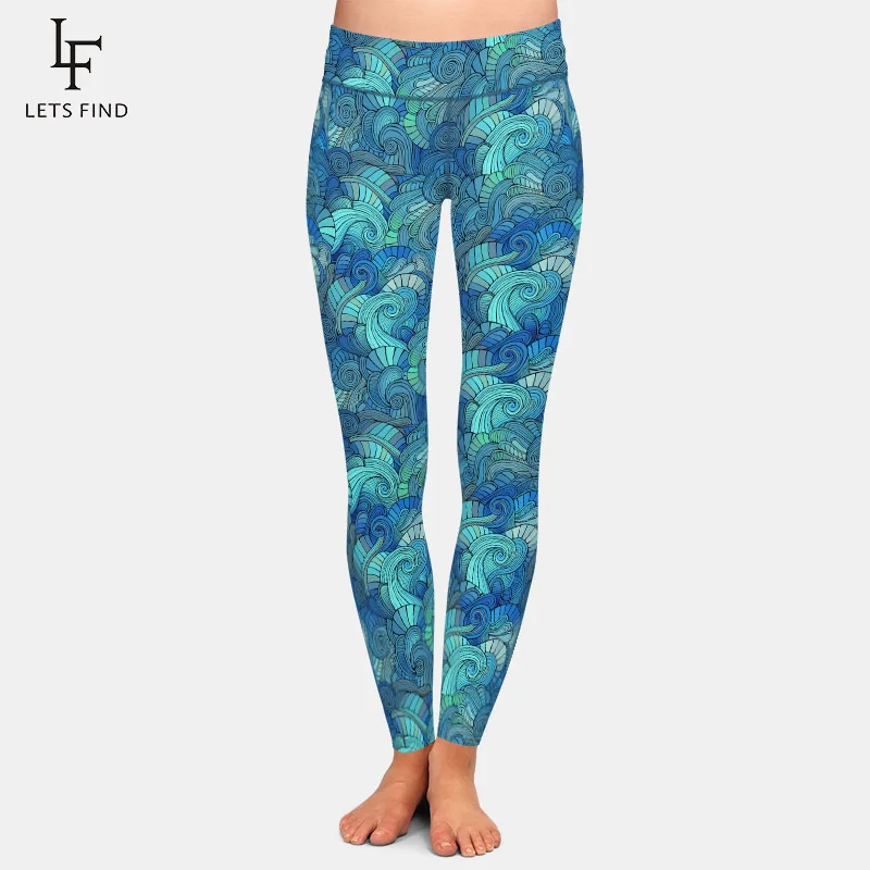 LETSFIND Super Weichen Milch Seide Drucken Waves Stil Frauen Fitness Leggings Hohe Taille Ccomfortable Elastische Frauen Full Pant