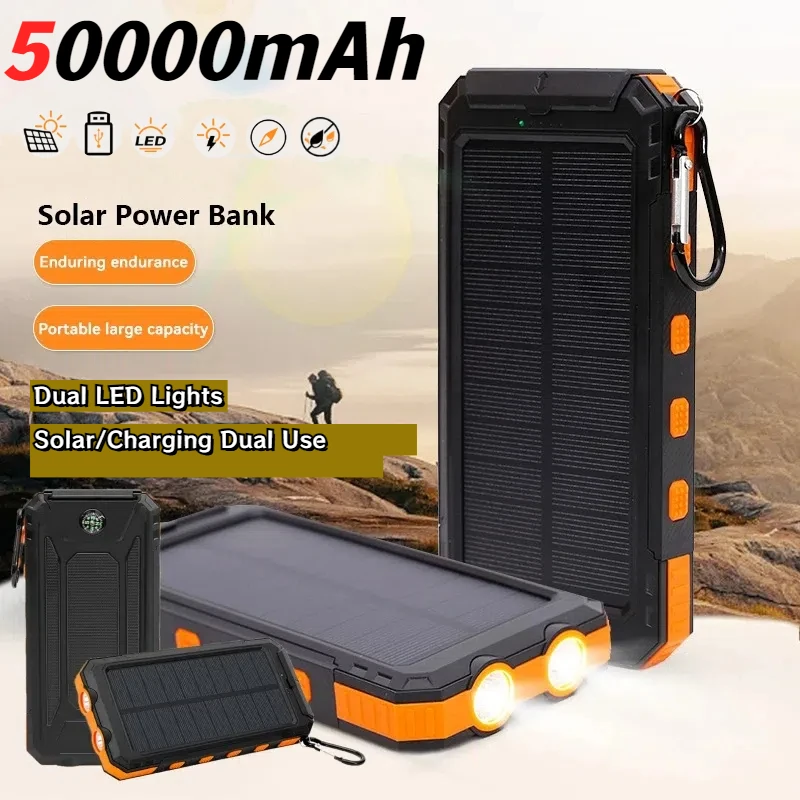 

50000mAh Solar Power Bank Portable Fast Charging Outdoor Large Capacity External Battery Mobile Phone Charger With Flashlight