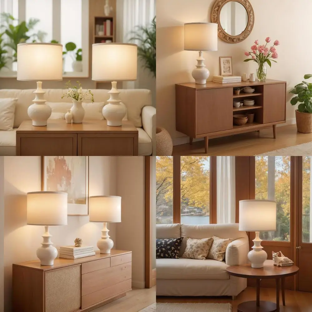 

Pair of 20 White Modern Ceramic Table Lamps for Bedroom Nightstands, Living Room, and Desks