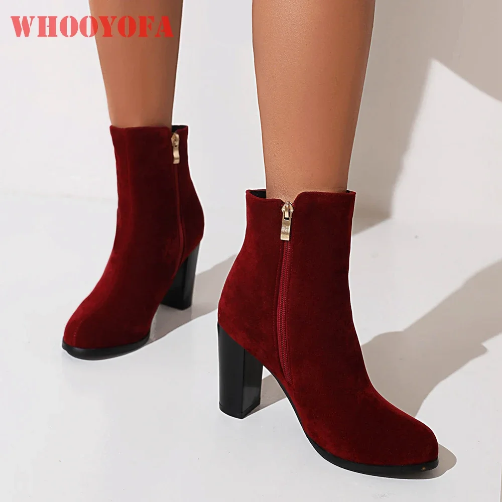 

Новые зимние классические женские ботильоны винно-красного цвета, черные, милые женские повседневные туфли на высоком квадратном каблуке, большие размеры 11 43 45 47