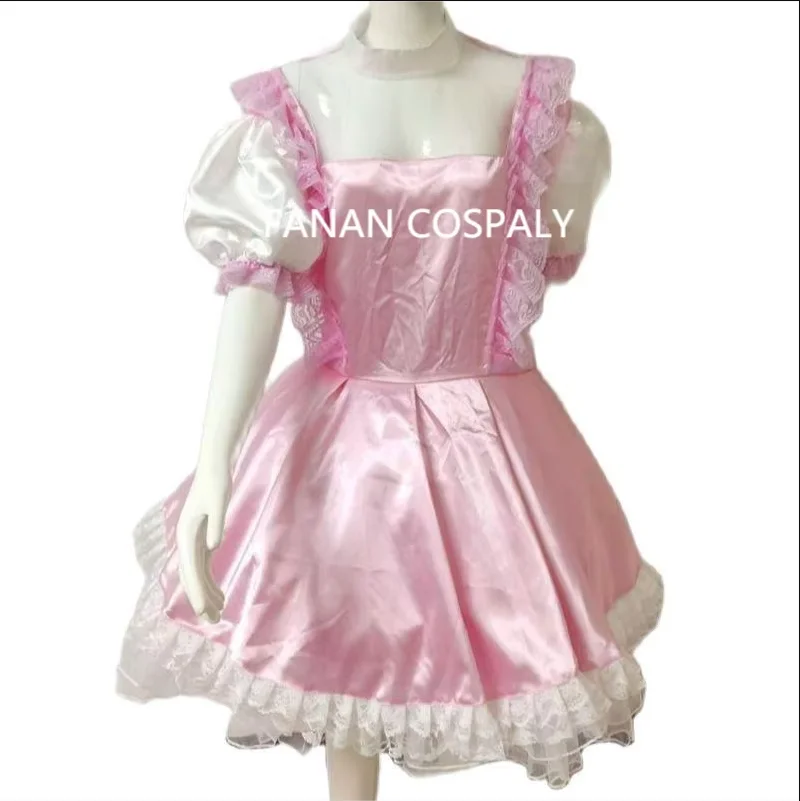 

Multicolor Adult Giant Baby Sexy Girl Pink Thin Silk Sissy Short Sleeve Dress Maid Role Playing Gothic Customizable Lockable