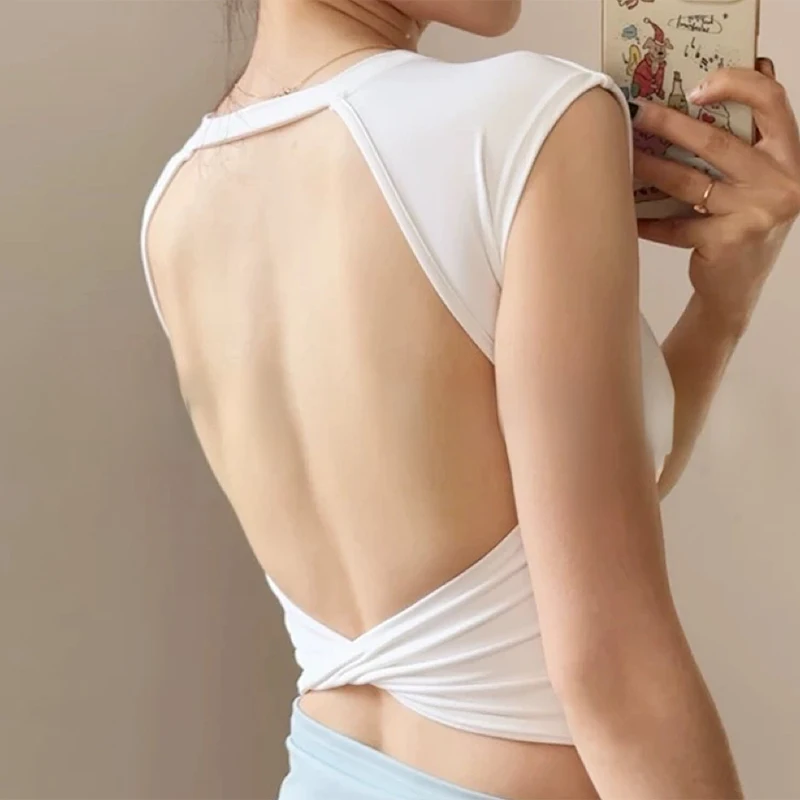 Sexy rückenfreie Yoga-Fitnessweste für Damen, kurzärmelig, festes Brustpolster, Sport-T-Shirt, kurzer Stil für Fitness und Yoga – Detail 5