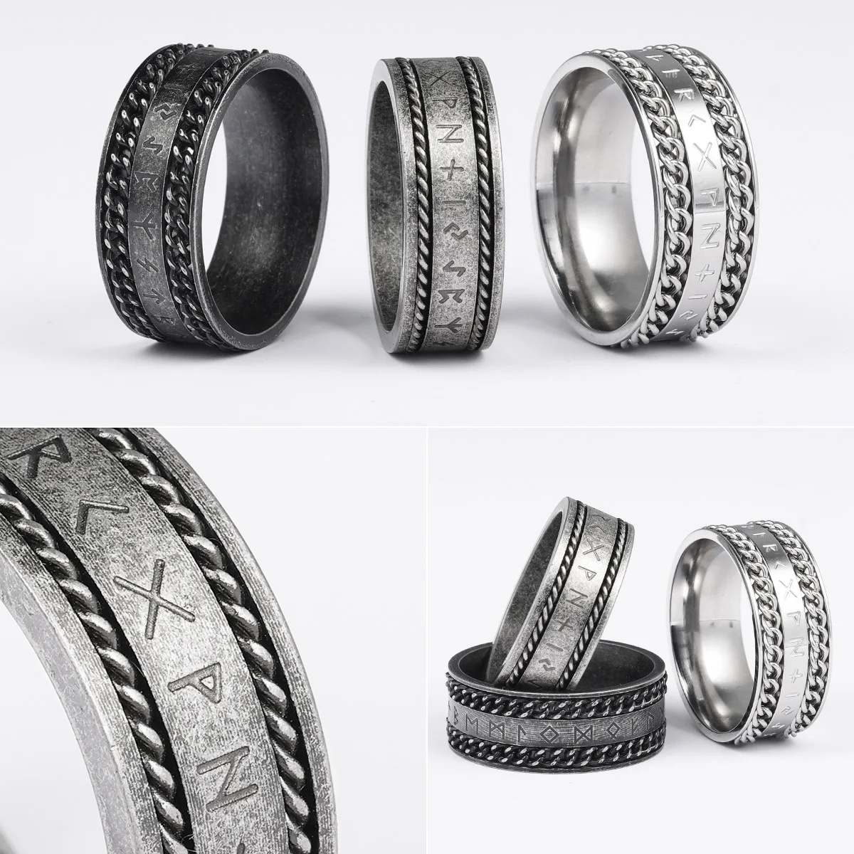Nordic Viking Runes Chain Stainless Steel Womens Mens Rings Punk Vintage For Boyfriend Biker Jewelry Creativity Gift Wholesale image 6