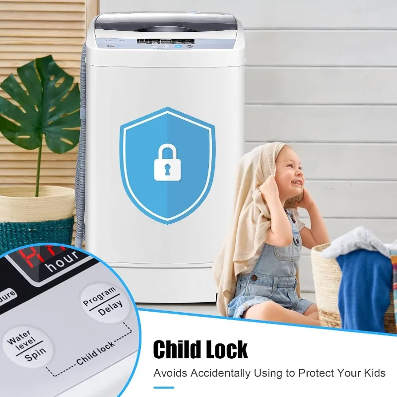 Lavatrice portatile, Lavatrice completamente automatica con capacità di 12 libbre con 10 programmi di lavaggio, Display a LED, 8 livelli d'acqua, Comp