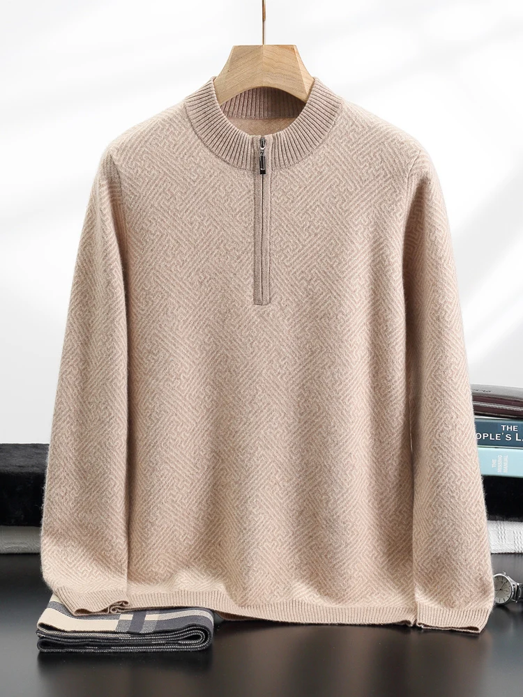 Autumn Winter 100% Cashmere Men Jacquard Sweater Zippers O-neck Smart Casual Pullovers Soft Warm Jumper Korean Fashion Knitwear