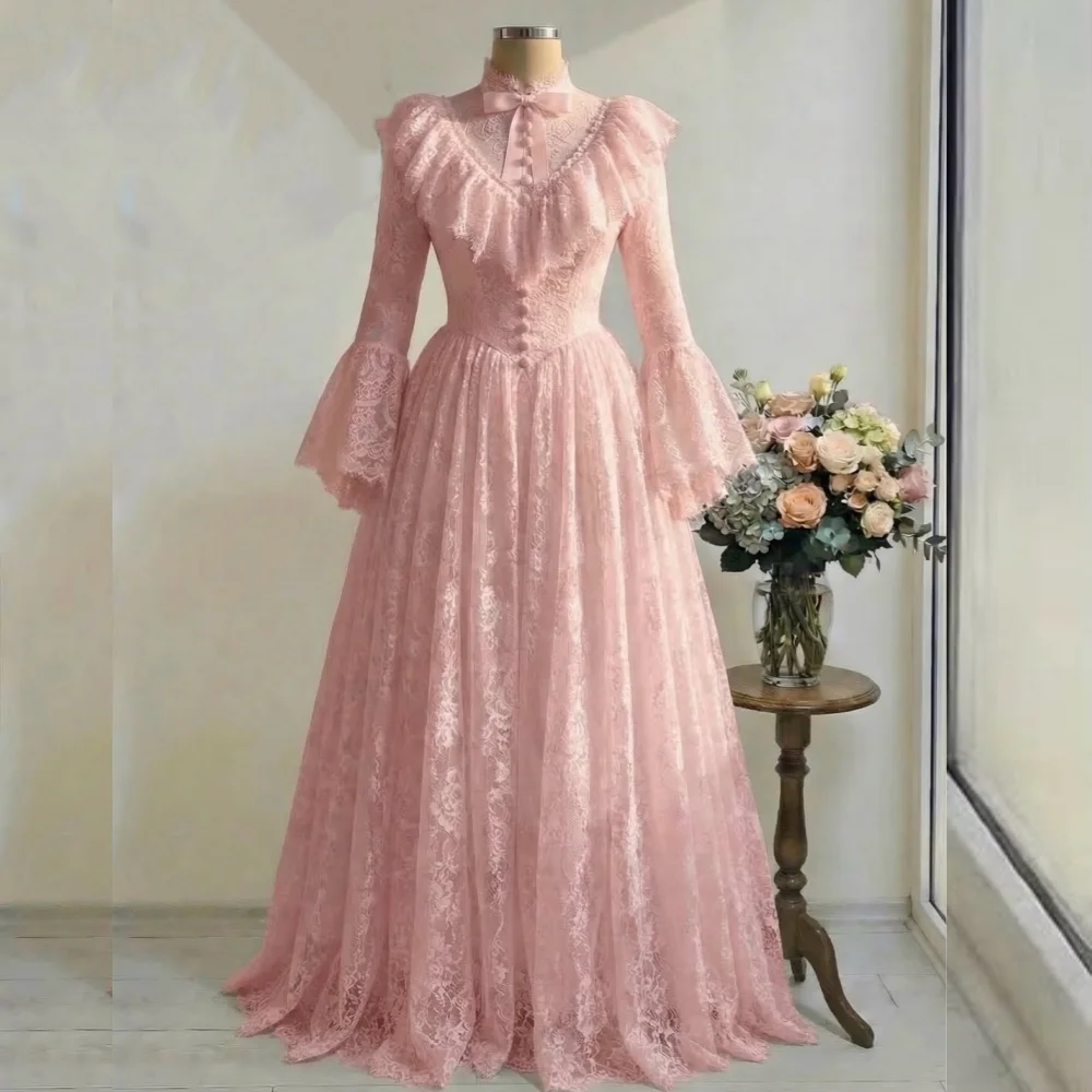 

Customized Exquisite Wedding Party Dress Lace Flare Sleeve High Collar A-line Floor-length Grace Evening Dress