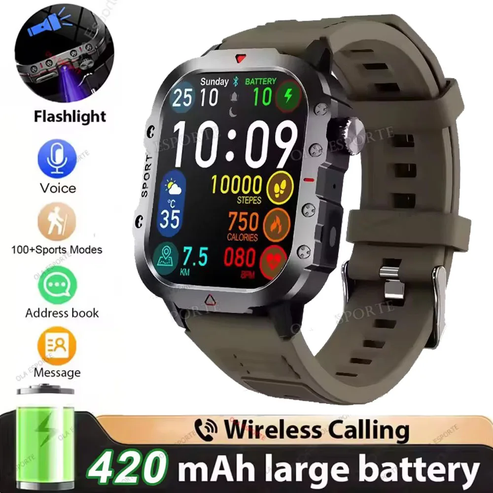 2026 Nieuwe Militaire kwaliteit Smart Horloge Mannen GPS Zaklamp 3ATM Waterdicht Horloge Bluetooth Oproep 100 + Sport Outdoor Smartwatch Pk MA27