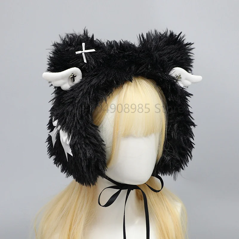 Plush Furry Hat Women Winter Wings Harajuku Earmuffs Lolita Kawaii Solid Color Thermal Earmuffs Girls Half-hat Accessories