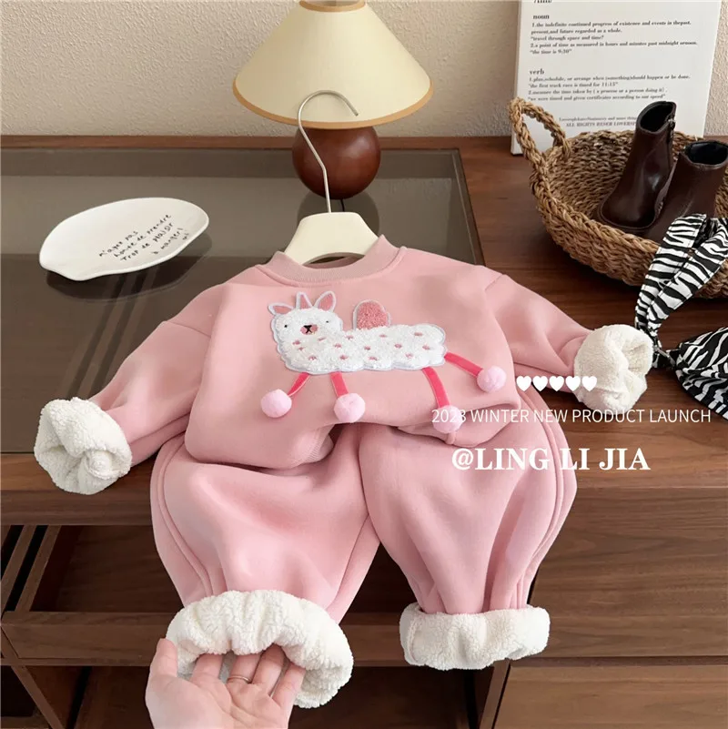 2024 Winter Children Girls 2PCS Clothes Set Cotton Plus Velvet Cartoon Sweatshirts Loose Fleece Pants Suit Toddler Girls Outfits