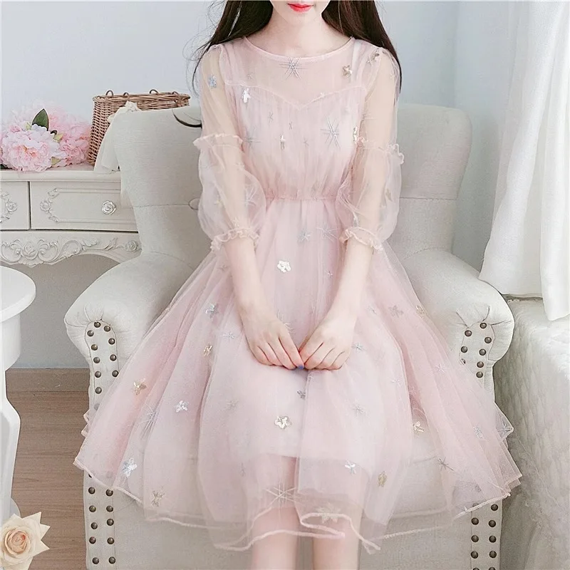 

Youthful Starry Mesh Dresses for Girls, Thin Summer Style, 15 Years Old Trend Dress for Women