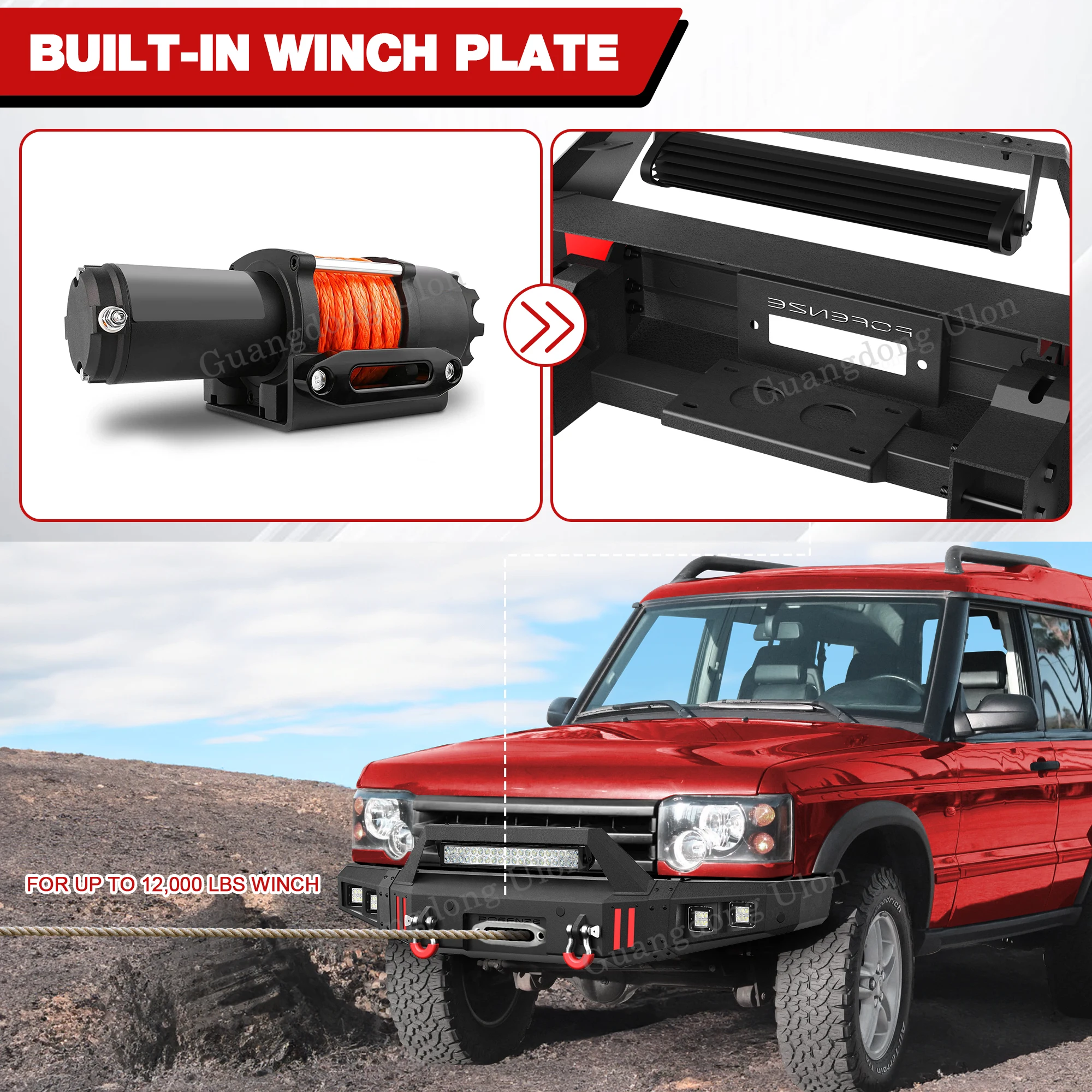 ULON Factory Price Front Bumper Fit Land Rover Discovery 2 1999-2004 Built-in LED Lights, Winch Plate, 2 Inch Hitch Receiver