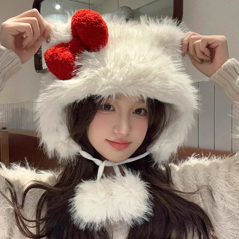 Korean Sweet White Plush Caps Red Bow Cat Ear Hat Autumn Winter Protection Ear Hat Fashion Simply WindProof Cap Festival Gift