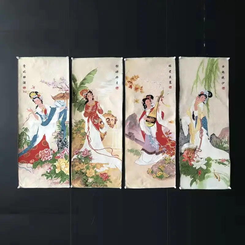 Thangka embroidery four screens Tibet Nepal brocade painting silk home living room hanging painting four beautiesr beautiful