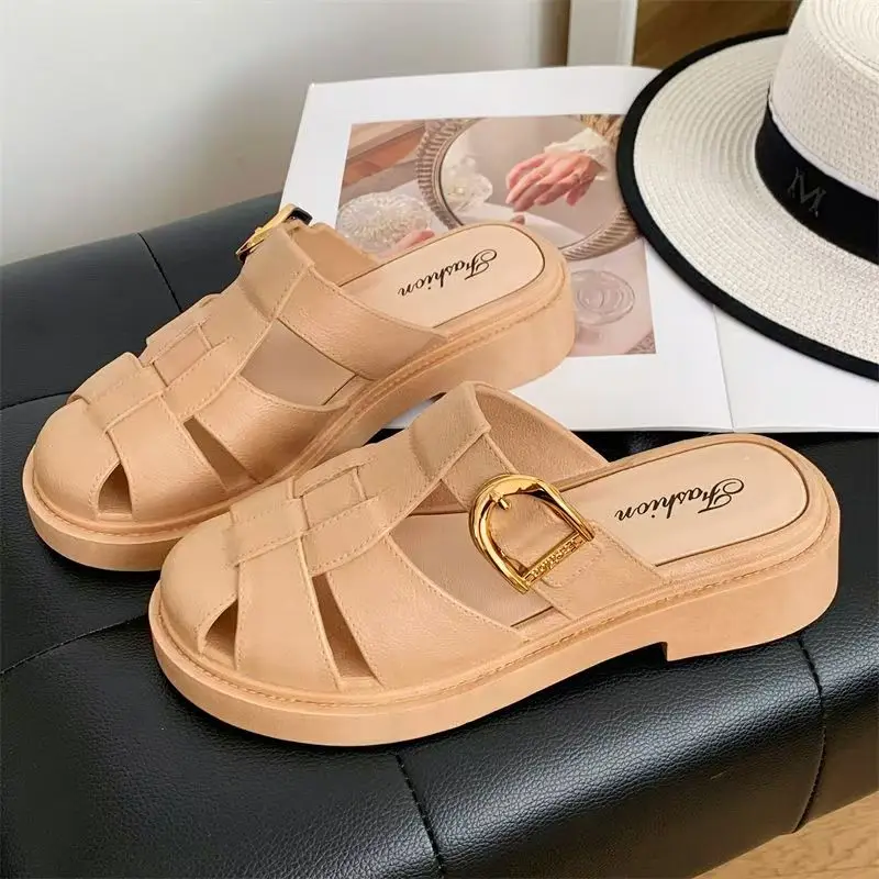 

Summer New Women Baotou Hollow Out Half Slippers Soft Sole Block Heel Waterproof Home Slippers Outdoor Beach Slippers Sandals