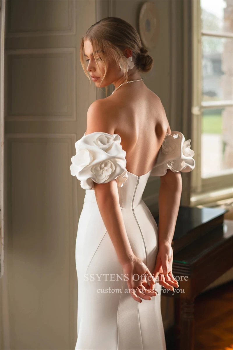 Robe de mariée sirène sexy en satin avec poignées, manches courtes, sans bretelles, robes de patients, train de balayage, fleur 3D, luxe