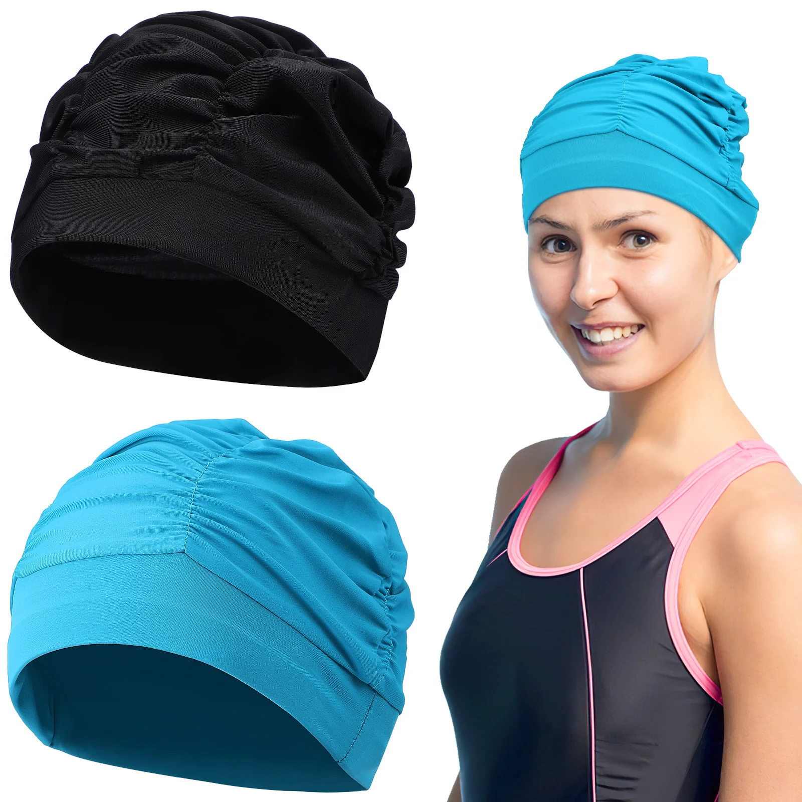 

2 Pcs Stretch Swimming Cap Caps for Men Unisex Wrinkle Elastic Long Hair Polyester Cloth and Women Miss Hats Adults