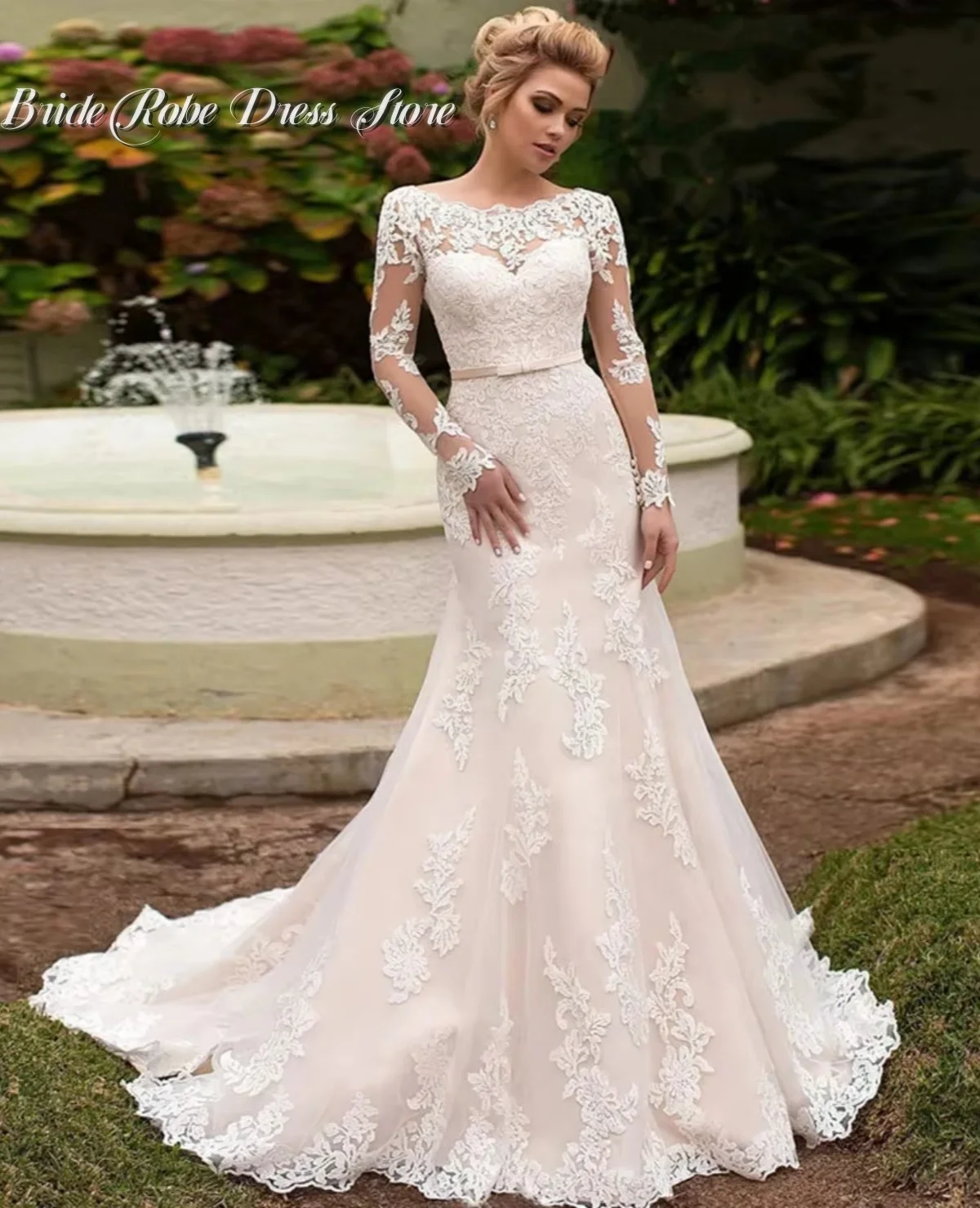 2025 Vestido De Novia elegante personalizado De sirena De manga larga con apliques De encaje rebordear Vestido De Novia Vestido De Novia bata De Mariee