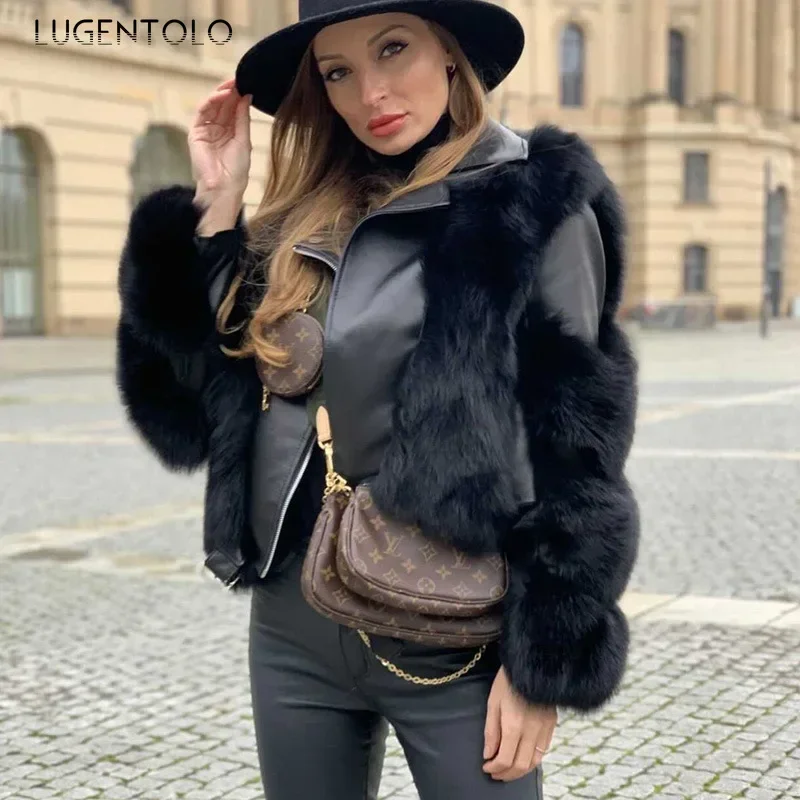 Frauen Chic Kunst pelz warmen Kurz mantel Herbst Winter 2023 schwarze Mode gespleißt High Street Lady Mode Outwear Jacke