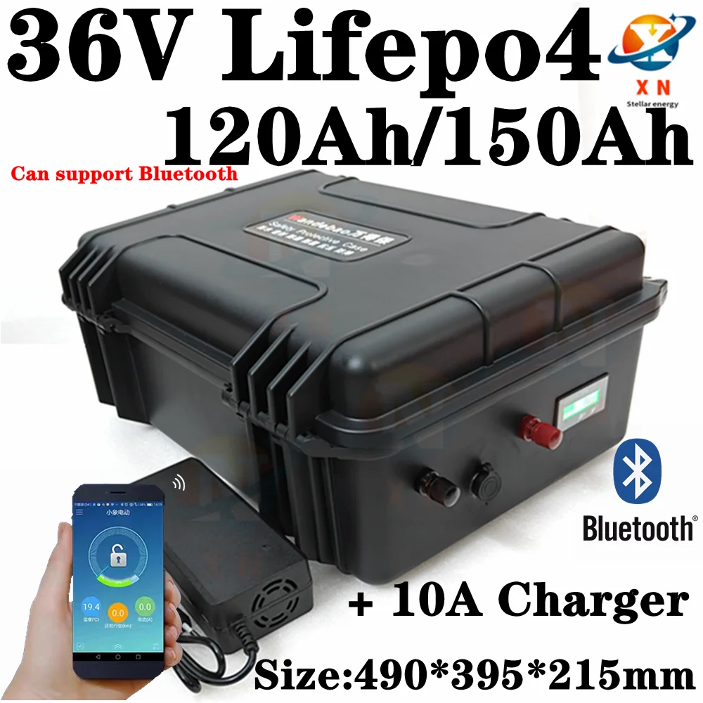 whatproof 36V 150AH lifepo4 36v 120Ah lifepo4 lithium chargeable battery for 3000w go cart bike scooter boat +10A Charger