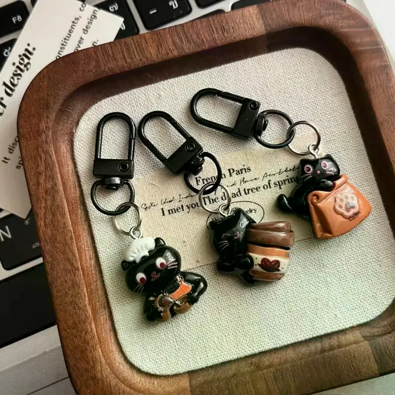 6Pcs Cute Chocolate Coffee Bag Charm Pendant Couples Backpack Purse Decoration Cartoon Black Cat Keychain For Women Gift - view 5